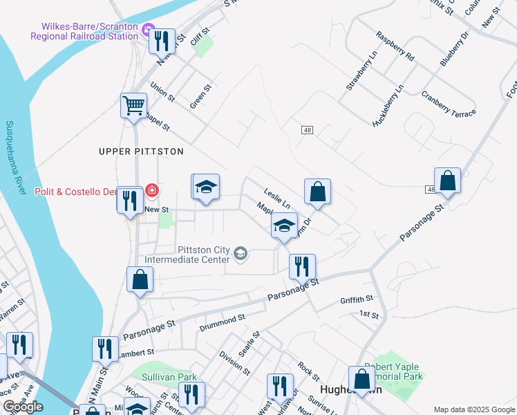 map of restaurants, bars, coffee shops, grocery stores, and more near 108 Maple Lane in Pittston