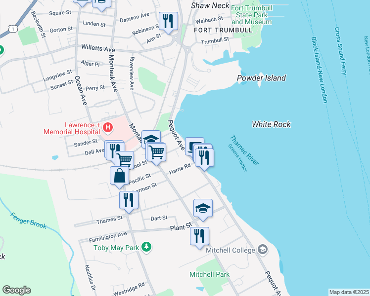 map of restaurants, bars, coffee shops, grocery stores, and more near 214 Pequot Avenue in New London