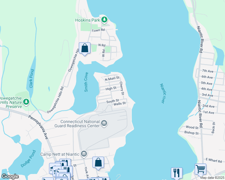 map of restaurants, bars, coffee shops, grocery stores, and more near 11a Spring Street in East Lyme