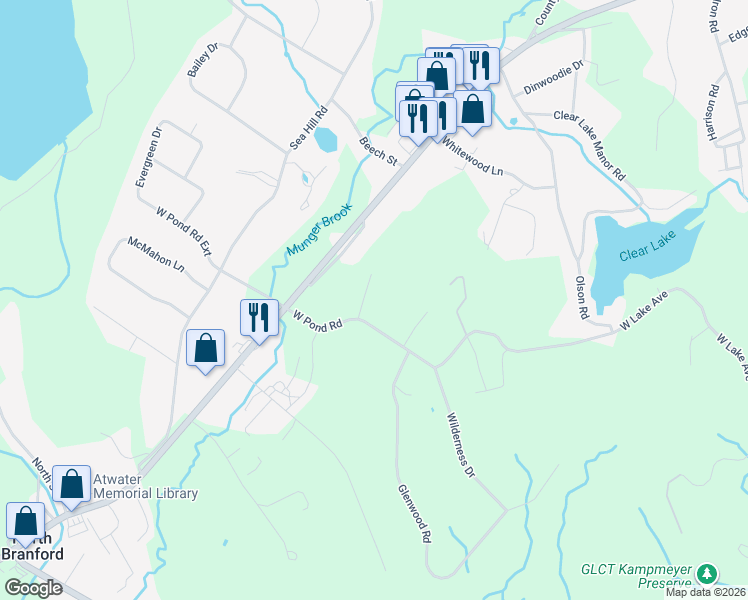 map of restaurants, bars, coffee shops, grocery stores, and more near 139 West Pond Road in North Branford