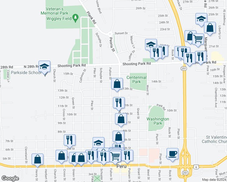 map of restaurants, bars, coffee shops, grocery stores, and more near 1822 13th Street in Peru