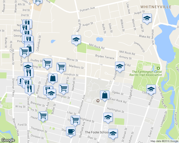 map of restaurants, bars, coffee shops, grocery stores, and more near 26 North Sheffield Street in Hamden