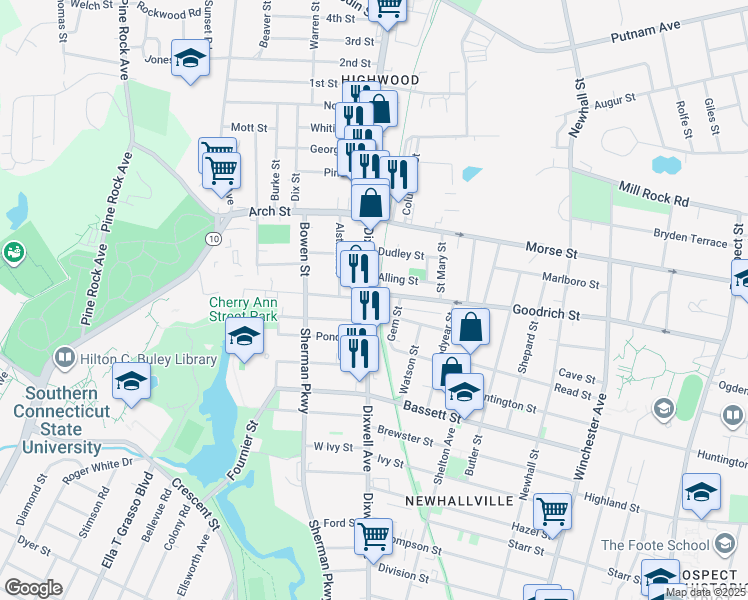 map of restaurants, bars, coffee shops, grocery stores, and more near 400 Goodrich Street in Hamden