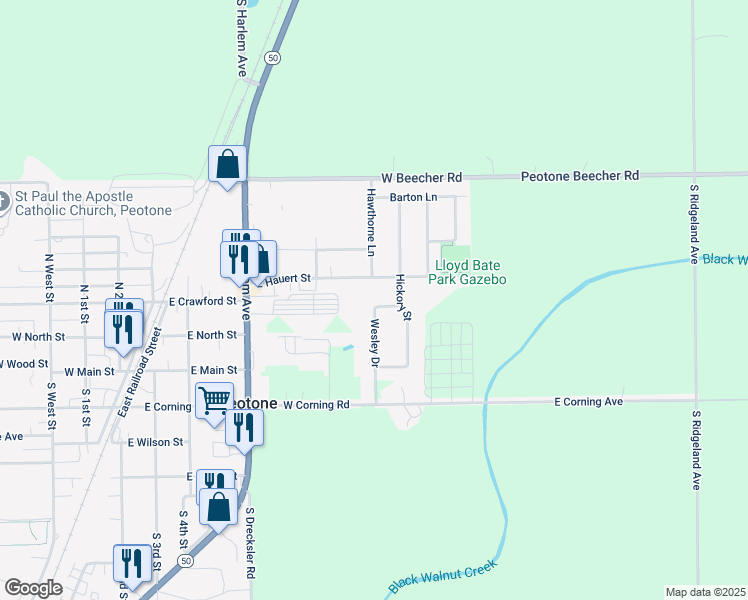 map of restaurants, bars, coffee shops, grocery stores, and more near 703 Wesley Drive in Peotone