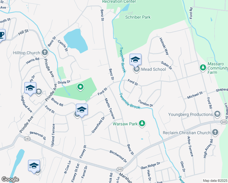 map of restaurants, bars, coffee shops, grocery stores, and more near 111 Benz Street in Ansonia