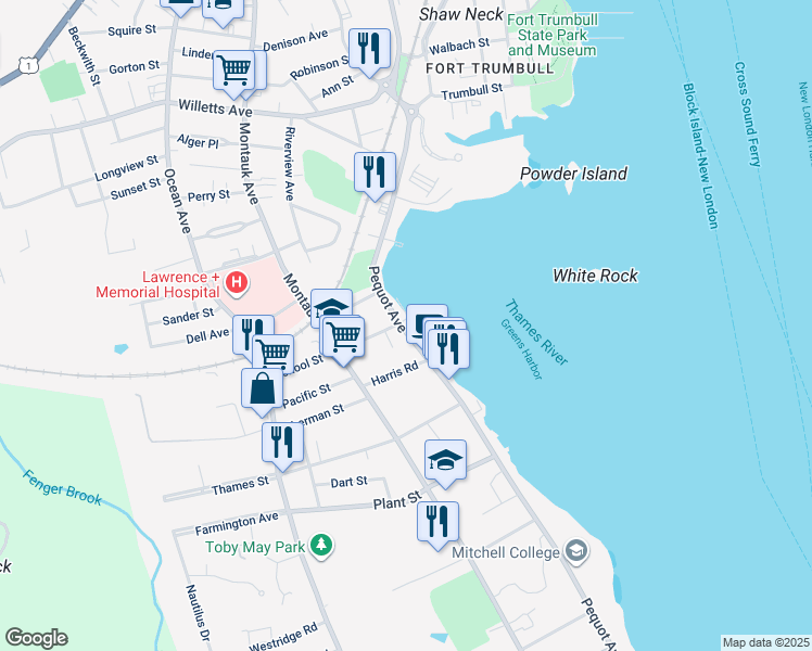map of restaurants, bars, coffee shops, grocery stores, and more near 214 Pequot Avenue in New London