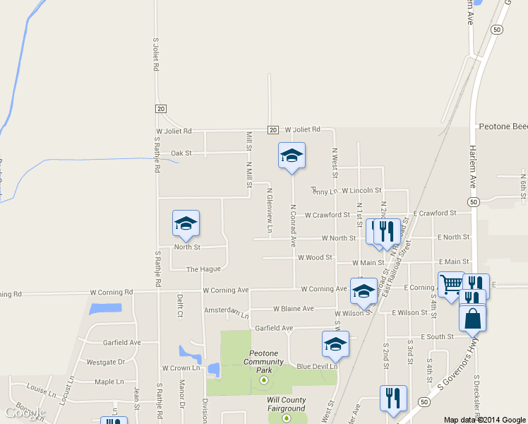 map of restaurants, bars, coffee shops, grocery stores, and more near 312 North Glenview Lane in Peotone