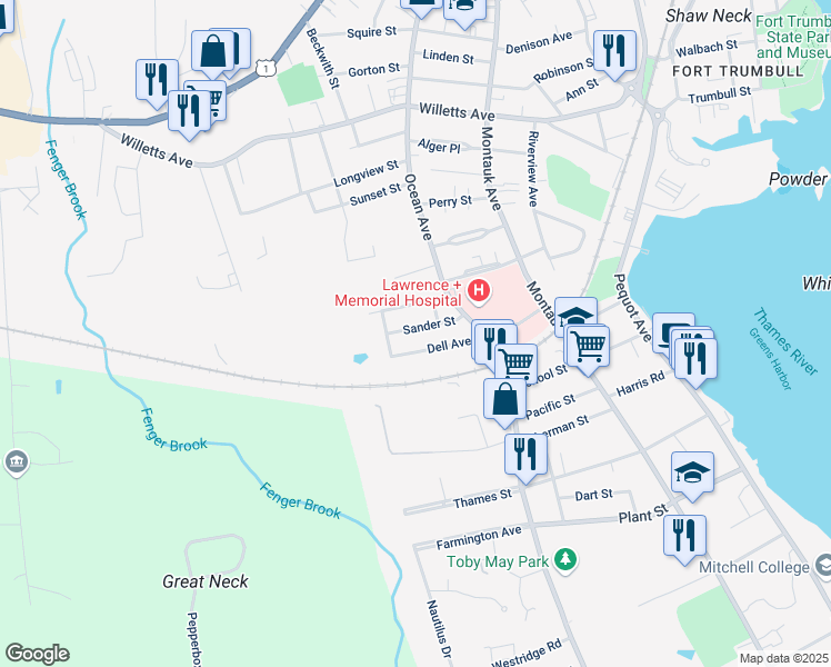 map of restaurants, bars, coffee shops, grocery stores, and more near 46 Sander Street in New London