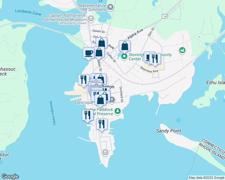 map of restaurants, bars, coffee shops, grocery stores, and more near 16 Denison Avenue in Stonington