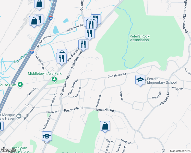 map of restaurants, bars, coffee shops, grocery stores, and more near 184 Glen Haven Road in New Haven