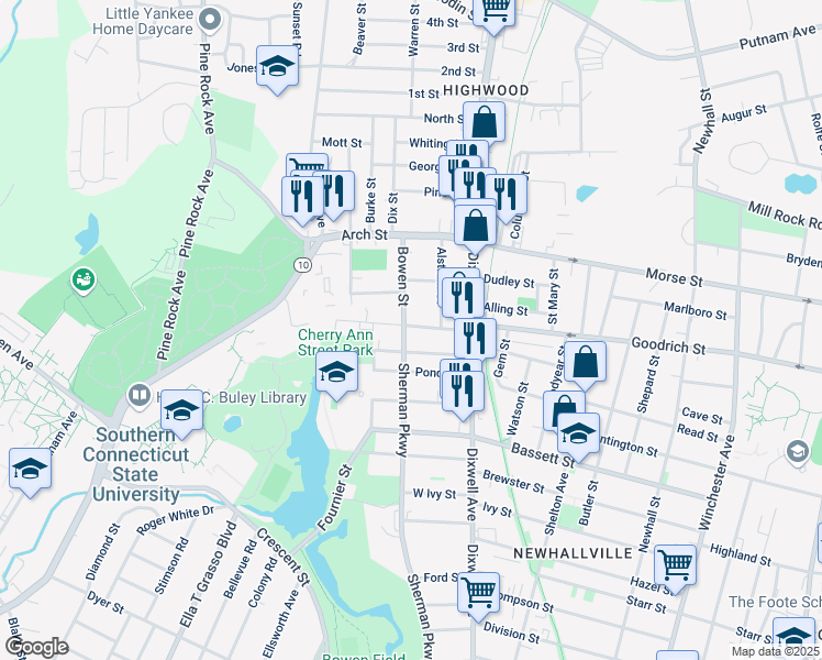 map of restaurants, bars, coffee shops, grocery stores, and more near 967 Sherman Avenue in New Haven