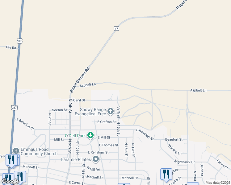map of restaurants, bars, coffee shops, grocery stores, and more near 1426 North 15th Street in Laramie