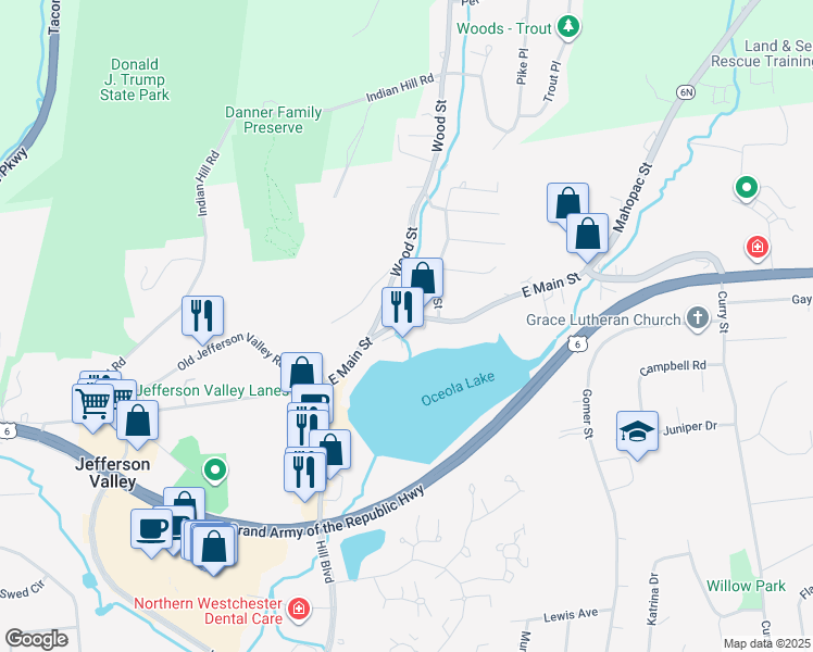 map of restaurants, bars, coffee shops, grocery stores, and more near 401 East Main Street in Jefferson Valley