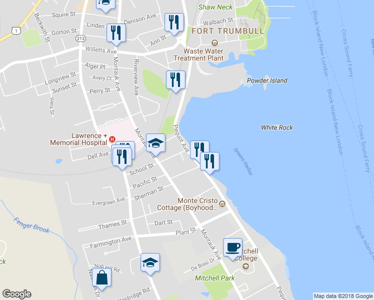 map of restaurants, bars, coffee shops, grocery stores, and more near Pequot Avenue & School Street in New London