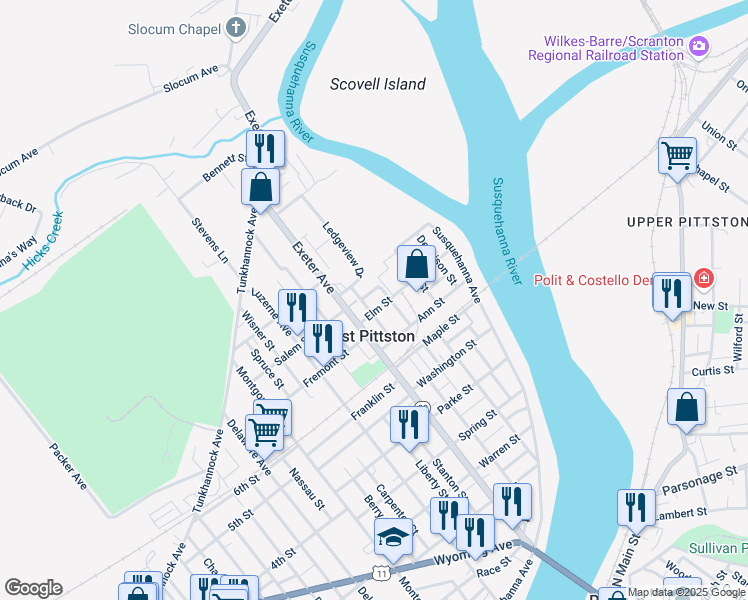 map of restaurants, bars, coffee shops, grocery stores, and more near 136 Elm Street in Luzerne County