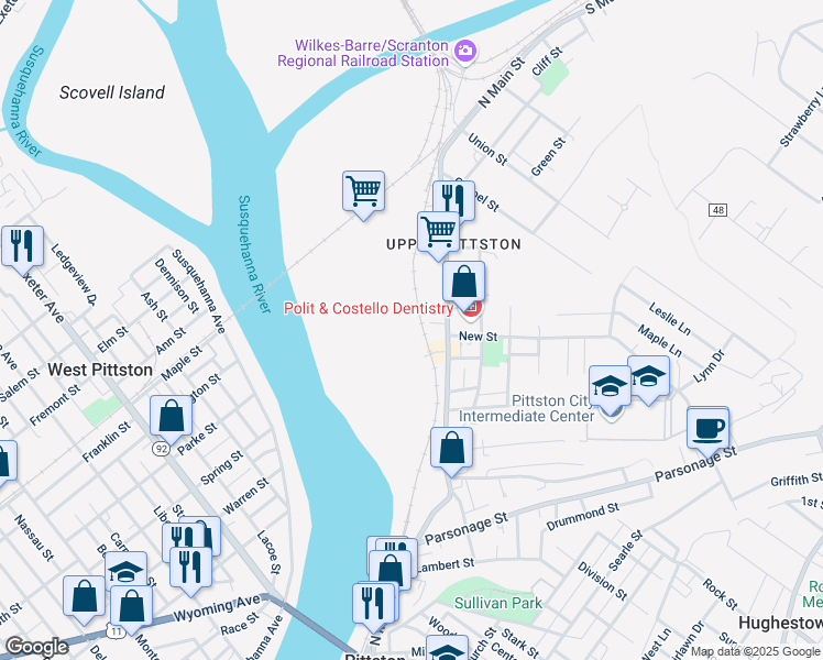 map of restaurants, bars, coffee shops, grocery stores, and more near 111 Towpath Court in Pittston