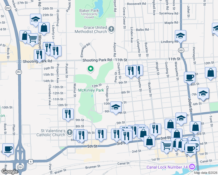 map of restaurants, bars, coffee shops, grocery stores, and more near 113 11th Street in Peru