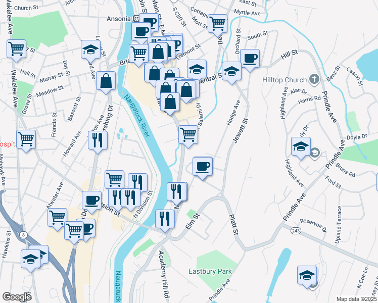 map of restaurants, bars, coffee shops, grocery stores, and more near 555 Main Street in Ansonia