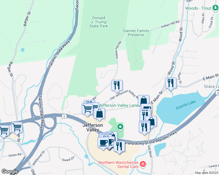 map of restaurants, bars, coffee shops, grocery stores, and more near 3823 Indian Hill Road in Shrub Oak