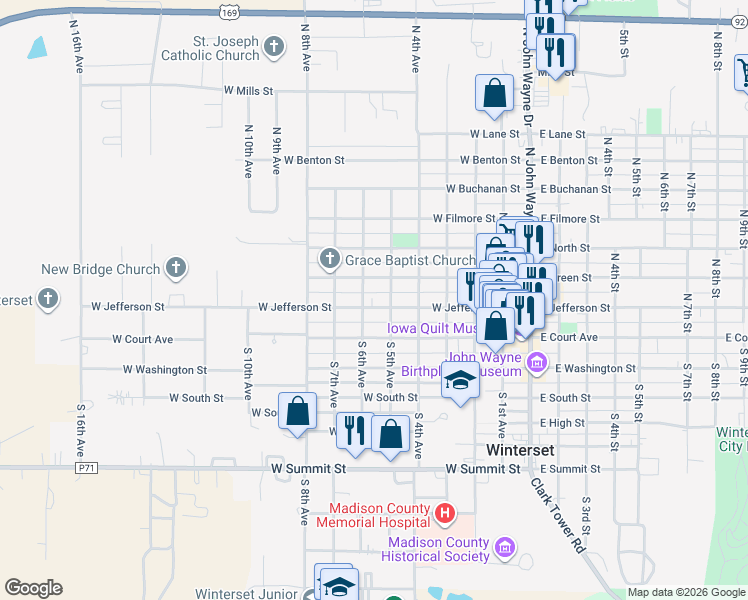 map of restaurants, bars, coffee shops, grocery stores, and more near 513 West Jefferson Street in Winterset