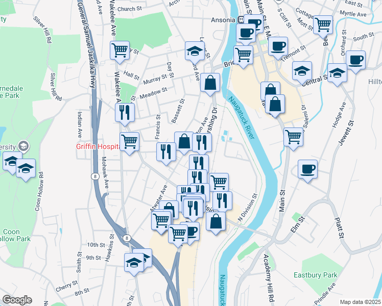map of restaurants, bars, coffee shops, grocery stores, and more near 52 Clifton Avenue in Ansonia