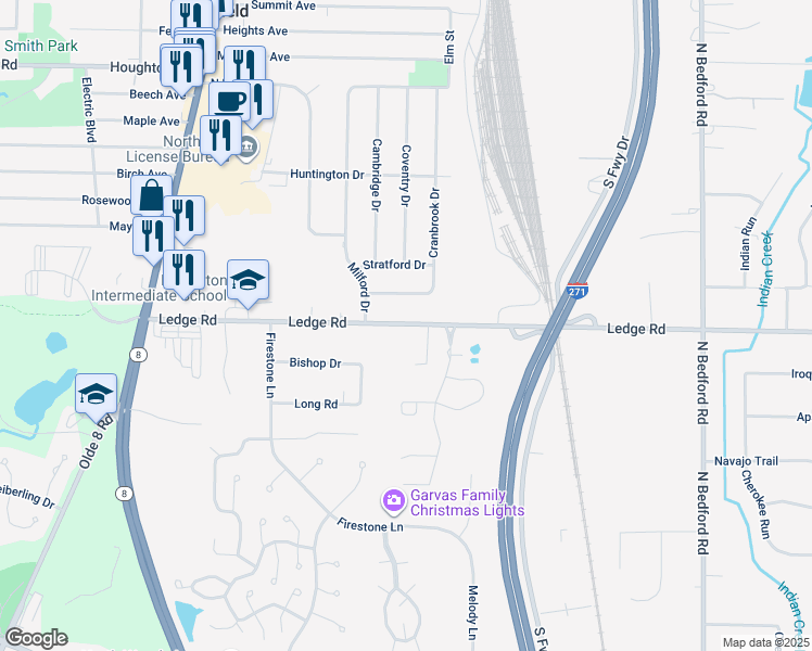 map of restaurants, bars, coffee shops, grocery stores, and more near 278 Ledge Road in Macedonia