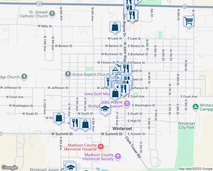 map of restaurants, bars, coffee shops, grocery stores, and more near 115 West Jefferson Street in Winterset