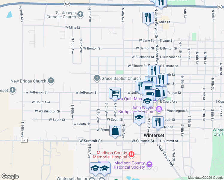 map of restaurants, bars, coffee shops, grocery stores, and more near 513 West Jefferson Street in Winterset