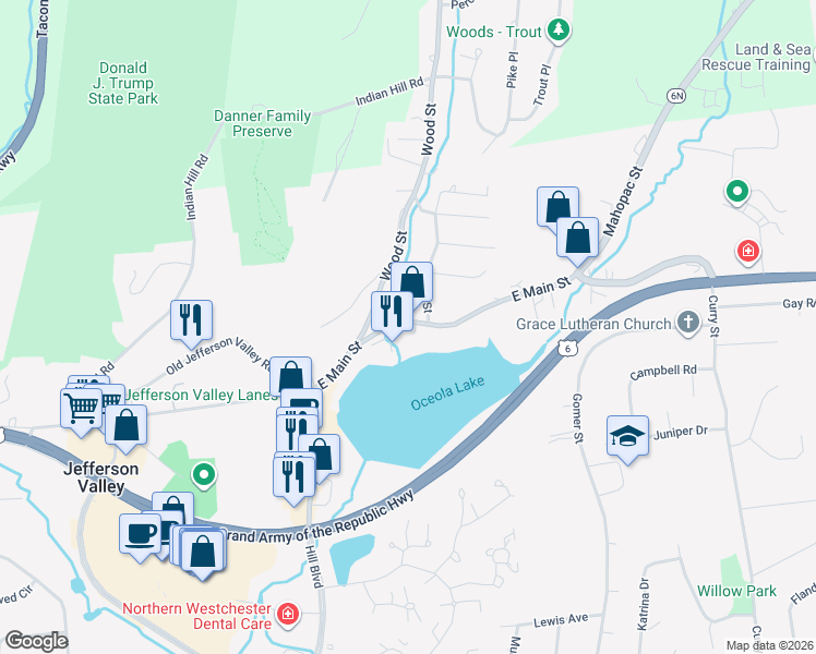 map of restaurants, bars, coffee shops, grocery stores, and more near 401 East Main Street in Jefferson Valley