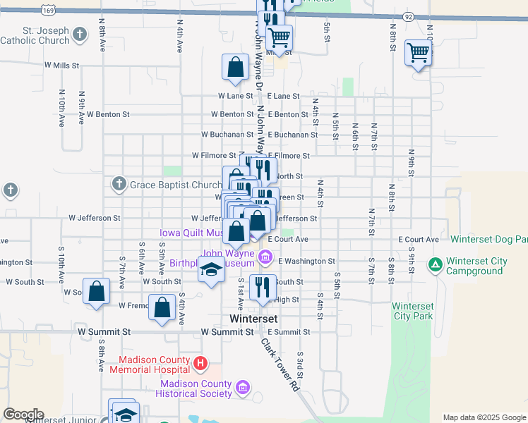 map of restaurants, bars, coffee shops, grocery stores, and more near 111 East Jefferson Street in Winterset