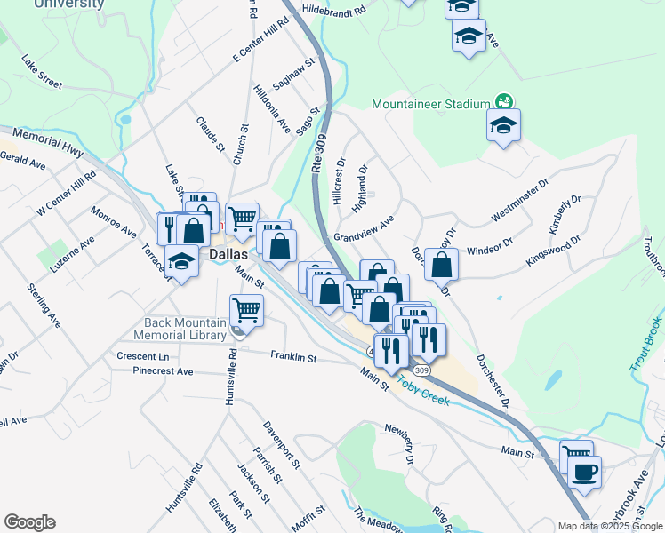 map of restaurants, bars, coffee shops, grocery stores, and more near 2552 Sr 309 Highway in Dallas