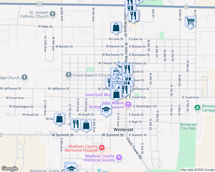 map of restaurants, bars, coffee shops, grocery stores, and more near 115 West Jefferson Street in Winterset