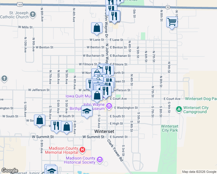 map of restaurants, bars, coffee shops, grocery stores, and more near 223 John Wayne Drive in Winterset