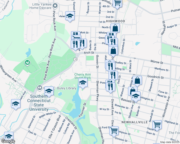 map of restaurants, bars, coffee shops, grocery stores, and more near 96 Cherry Ann Street in New Haven