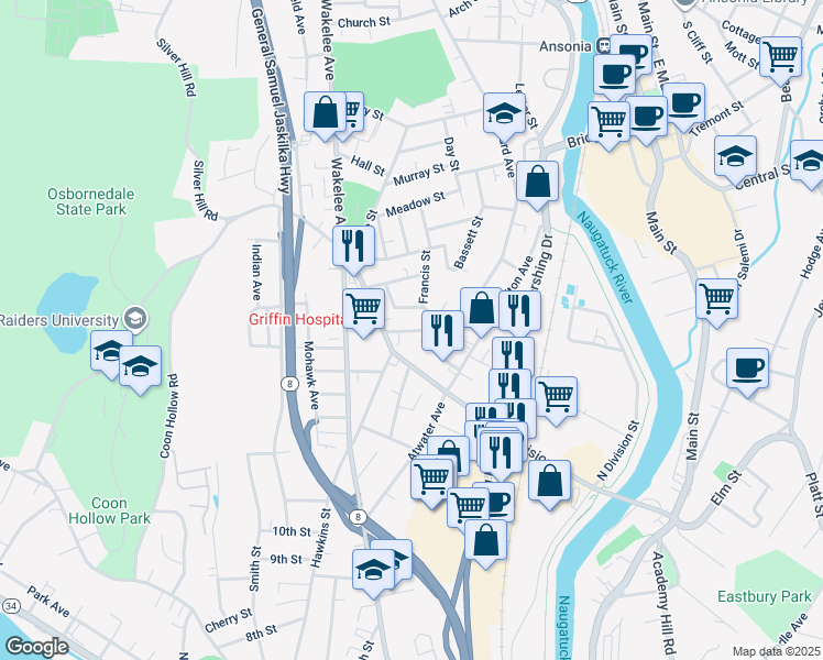 map of restaurants, bars, coffee shops, grocery stores, and more near 9 Page Street in Ansonia