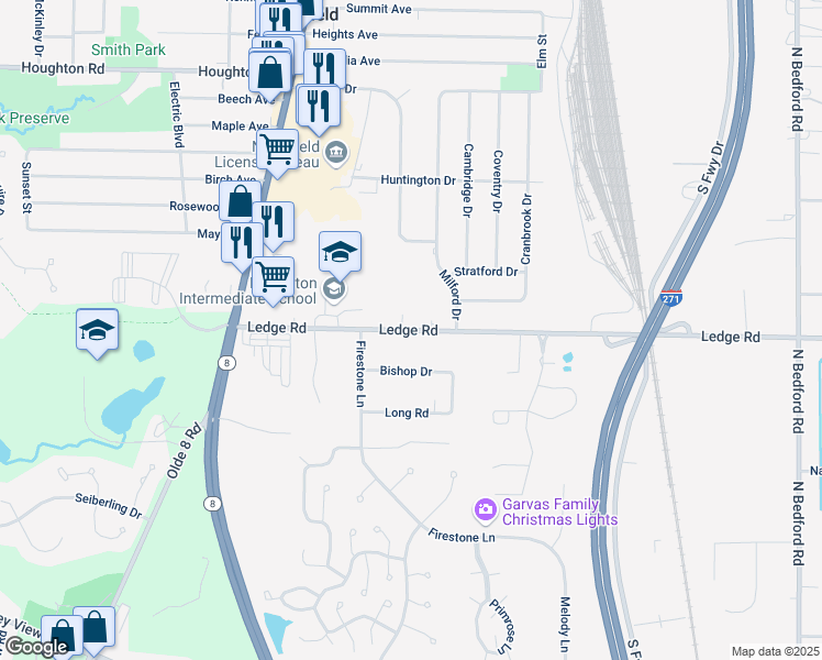 map of restaurants, bars, coffee shops, grocery stores, and more near 212 Ledge Road in Macedonia