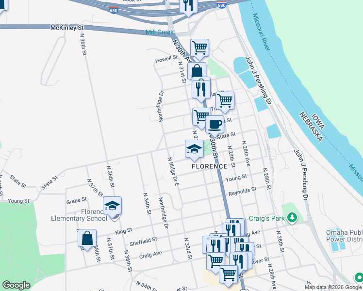 map of restaurants, bars, coffee shops, grocery stores, and more near 3109 State Street in Omaha