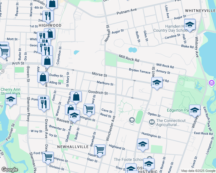 map of restaurants, bars, coffee shops, grocery stores, and more near 962 Winchester Avenue in Hamden