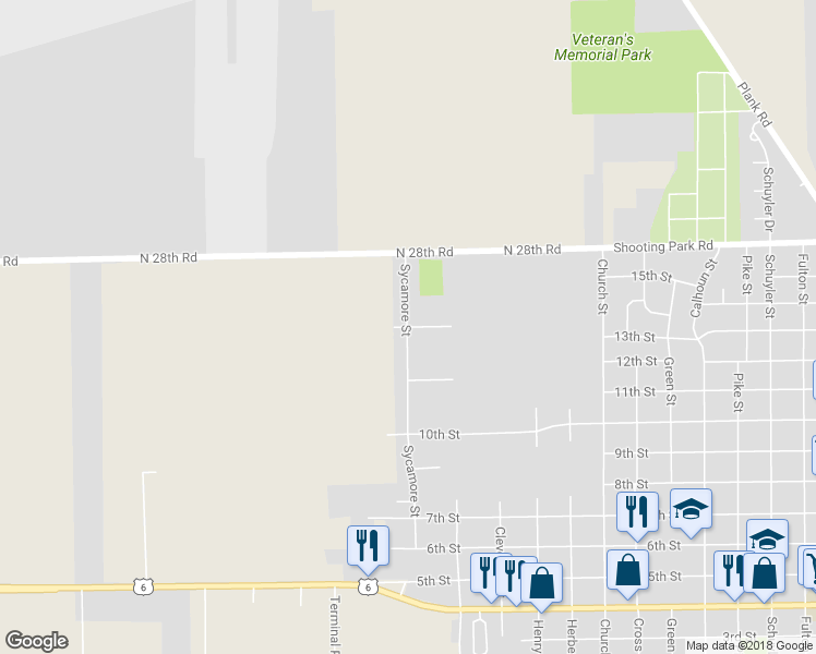 map of restaurants, bars, coffee shops, grocery stores, and more near 1845 Sycamore Street in Peru