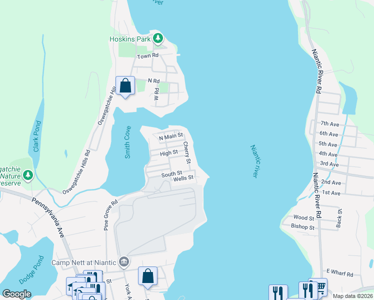 map of restaurants, bars, coffee shops, grocery stores, and more near High Street in Southeastern Connecticut Planning Region