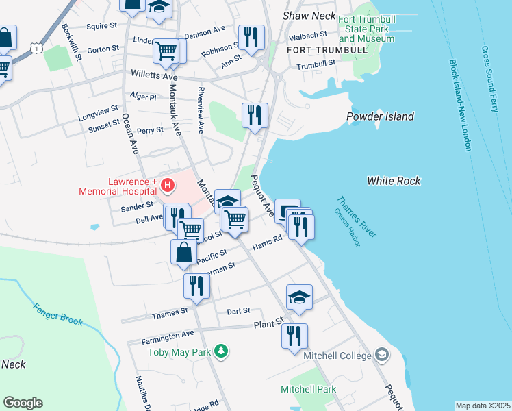 map of restaurants, bars, coffee shops, grocery stores, and more near 17 School Street in New London