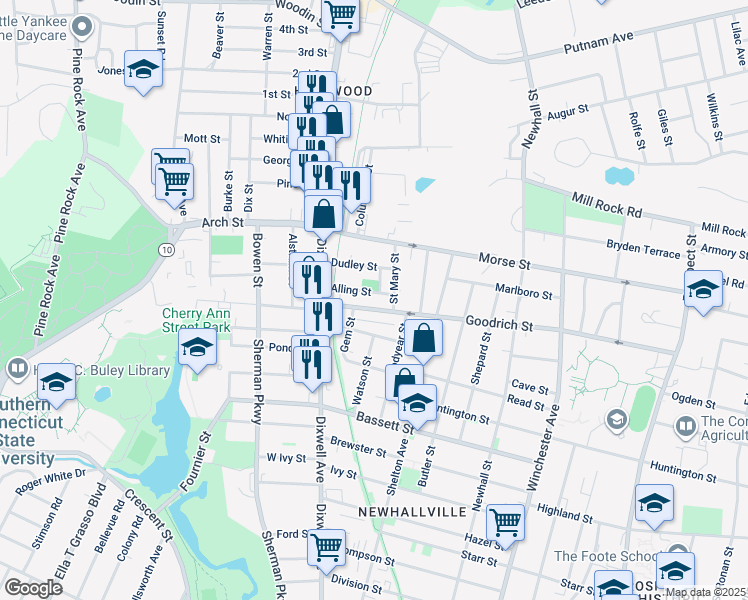 map of restaurants, bars, coffee shops, grocery stores, and more near 360 Goodrich Street in Hamden