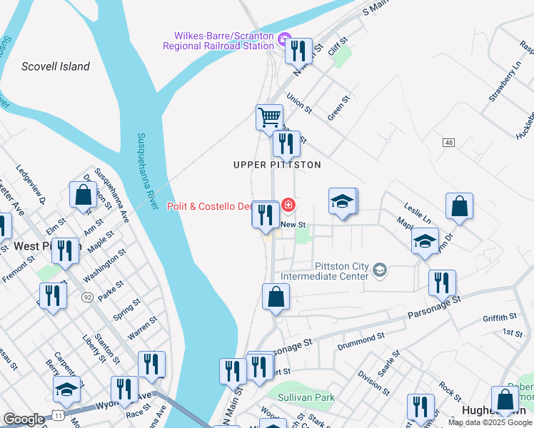 map of restaurants, bars, coffee shops, grocery stores, and more near 111 Towpath Ct in Pittston