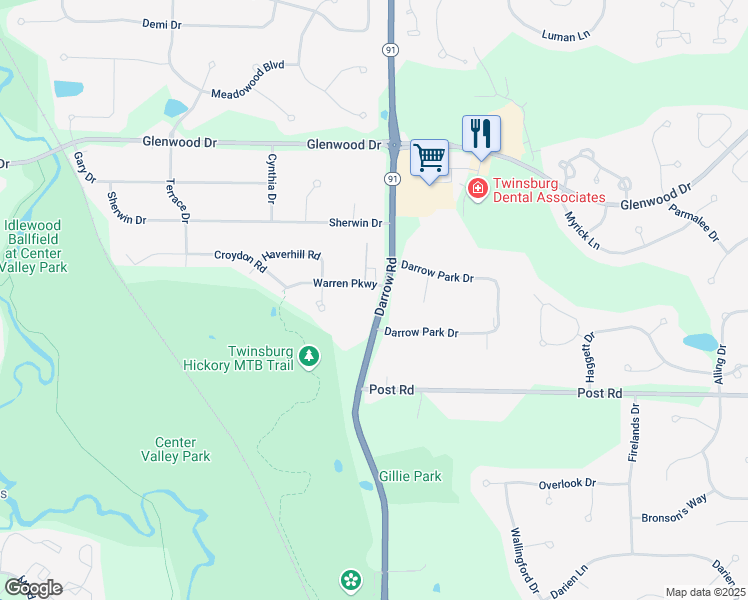 map of restaurants, bars, coffee shops, grocery stores, and more near 2477 Warren Parkway in Twinsburg