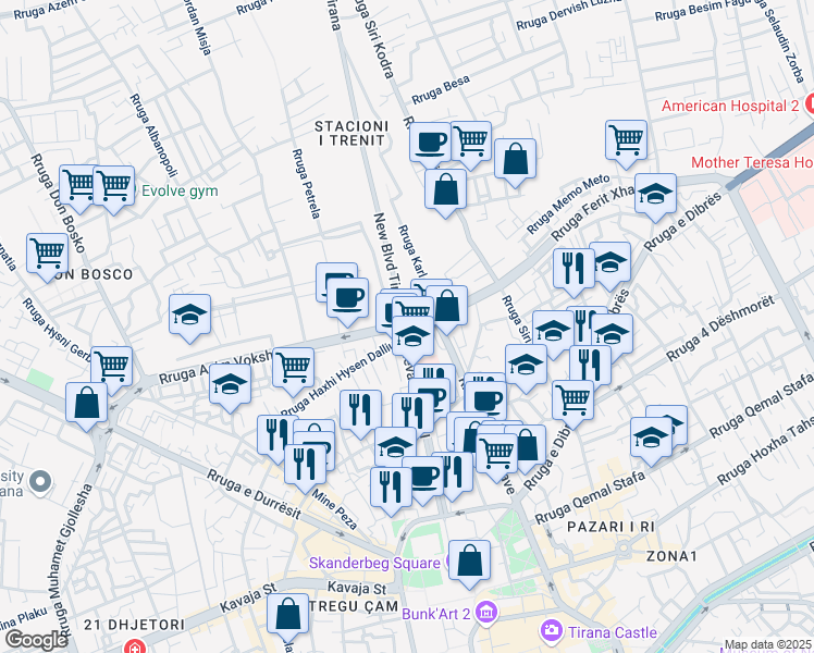 map of restaurants, bars, coffee shops, grocery stores, and more near Rruga Reshit Petrela in Tirana