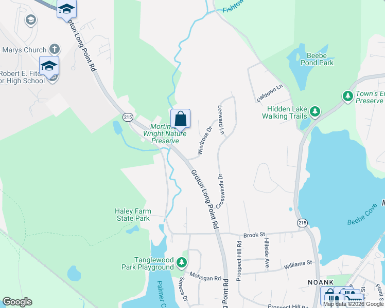map of restaurants, bars, coffee shops, grocery stores, and more near 11 Windrose Drive in Groton