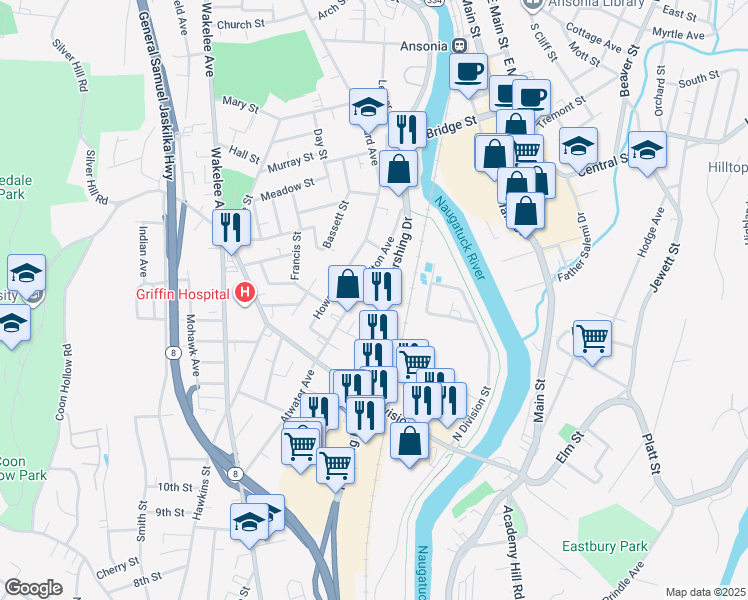 map of restaurants, bars, coffee shops, grocery stores, and more near 60 Pershing Drive in Ansonia