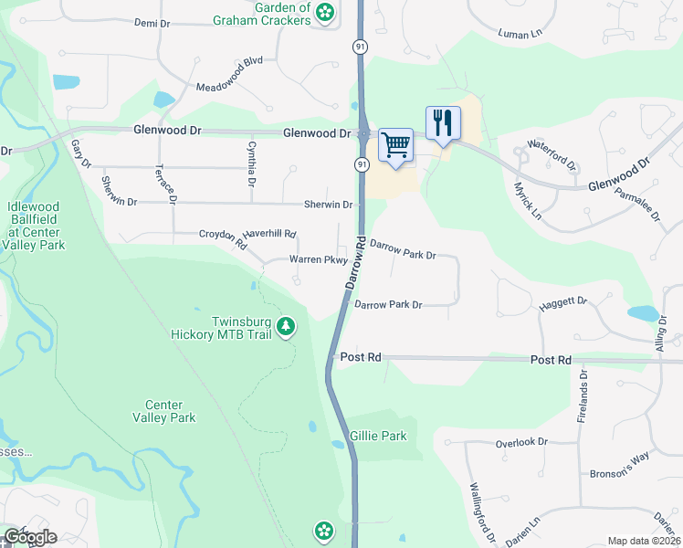 map of restaurants, bars, coffee shops, grocery stores, and more near 2477 Warren Parkway in Twinsburg