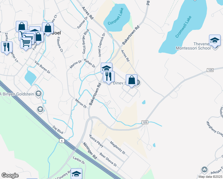 map of restaurants, bars, coffee shops, grocery stores, and more near 1 Dinev Court in Kiryas Joel