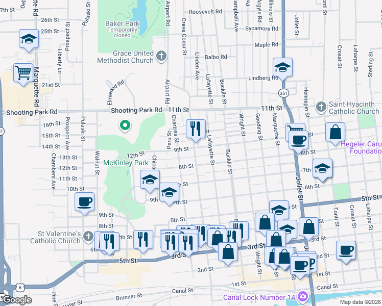 map of restaurants, bars, coffee shops, grocery stores, and more near 859 Creve Coeur Street in LaSalle